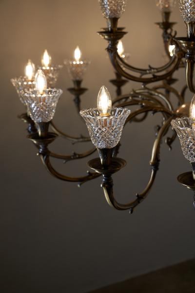 Large Rustic Brass and Glass 28 Arm Chandelier 1980s