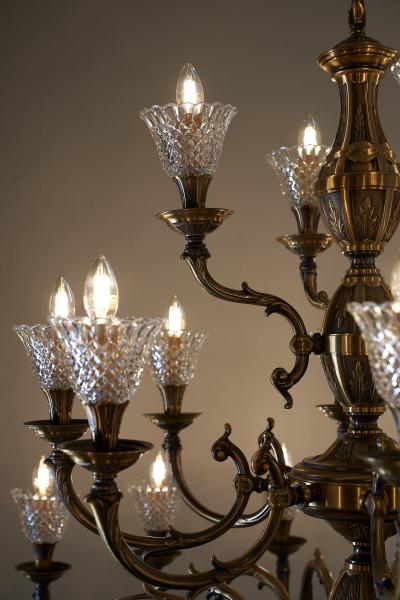 Large Rustic Brass and Glass 28 Arm Chandelier 1980s