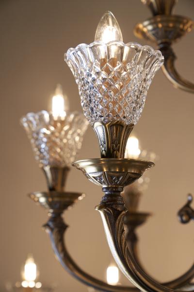 Large Rustic Brass and Glass 28 Arm Chandelier 1980s