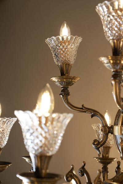 Large Rustic Brass and Glass 28 Arm Chandelier 1980s