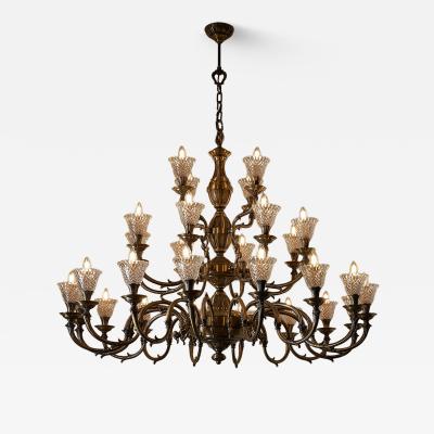 Large Rustic Brass and Glass 28 Arm Chandelier 1980s