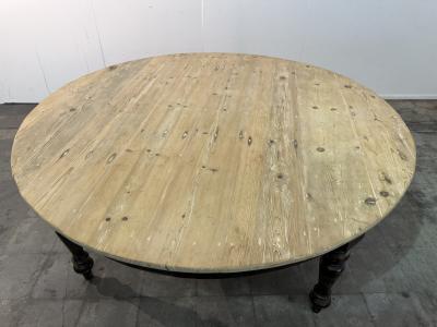 Large Rustic Round Pine Dining Table with Ebonized Turned Legs