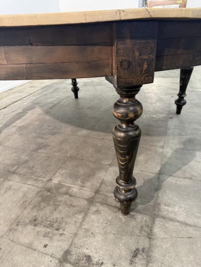 Large Rustic Round Pine Dining Table with Ebonized Turned Legs
