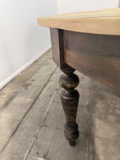 Large Rustic Round Pine Dining Table with Ebonized Turned Legs