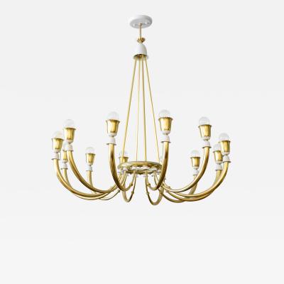 Large SCANDINAVIAN MODERN 12 ARM Polished BRASS CHANDELIER