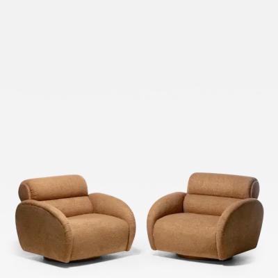 Large Scale Directional Post Modern Swivel Chairs Ottoman in Mocha Fabric