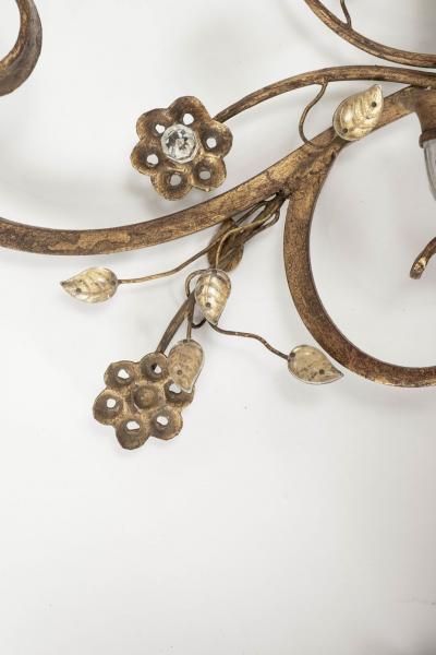 Large Scale Pair of Gilt Iron and Crystal Sconces