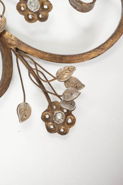 Large Scale Pair of Gilt Iron and Crystal Sconces