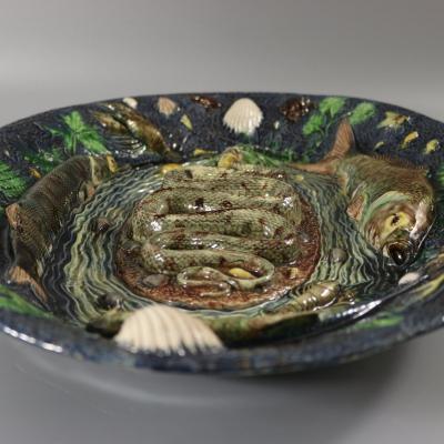 Large School of Paris Palissy Majolica Wall Platter With Snake And Fish
