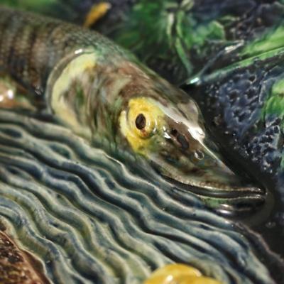 Large School of Paris Palissy Majolica Wall Platter With Snake And Fish