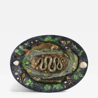 Large School of Paris Palissy Majolica Wall Platter With Snake And Fish