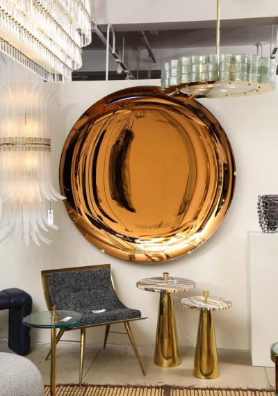 Large Sculptural Round Concave Amber Bronze Mirror or Wall Art Italy 63 diam 