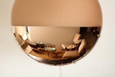 Large Sculptural Round Convex Rose Gold Lighted Mirror or Wall Art Italy