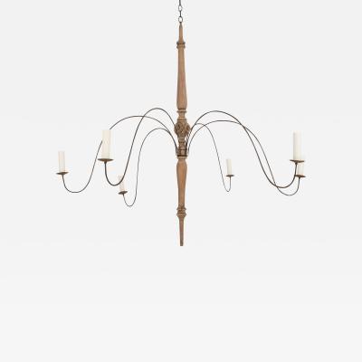 Large Semi Bleached Hand Carved Wood and Steel Six Arm Chandelier