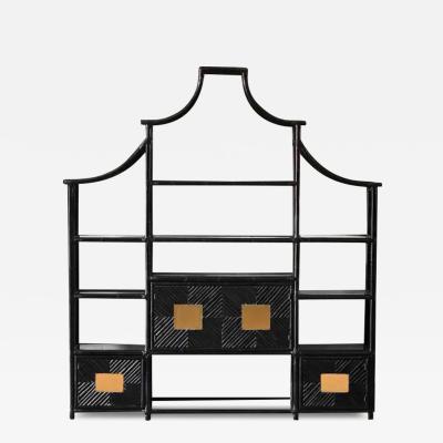 Large Shanghai Bookshelf in Black Lacquered Bamboo and Wicker with Brass Details