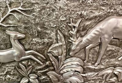 Large Silvered Plaster Wildlife Relief with Deer in a Forest Landscape