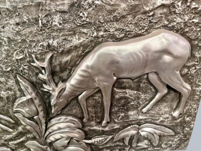 Large Silvered Plaster Wildlife Relief with Deer in a Forest Landscape