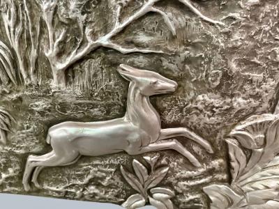 Large Silvered Plaster Wildlife Relief with Deer in a Forest Landscape