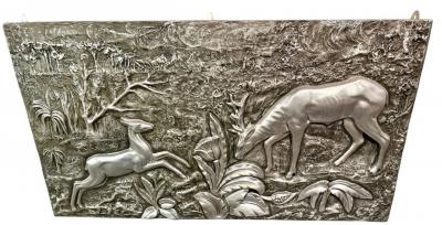 Large Silvered Plaster Wildlife Relief with Deer in a Forest Landscape