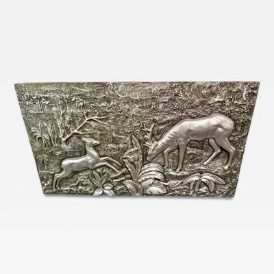 Large Silvered Plaster Wildlife Relief with Deer in a Forest Landscape
