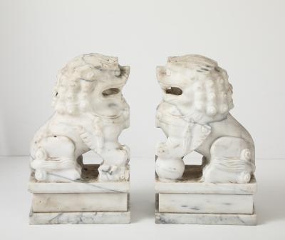 Large Solid Marble Carved Foo Dogs