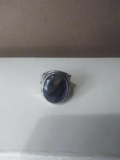 Large Sterling Silver Ring with Blue Multicolored stone Setting size 9 5