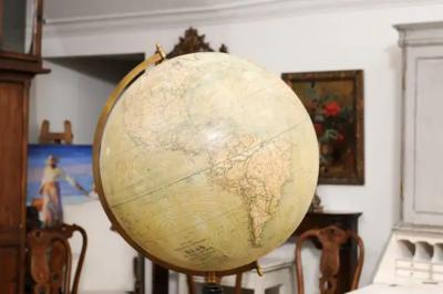 Large Swedish 1910s Freestanding Terrestrial Globe on Black Carved Base
