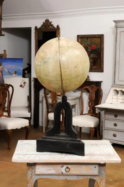 Large Swedish 1910s Freestanding Terrestrial Globe on Black Carved Base