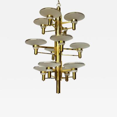 Large Tall Hollywood Regency Italian Brass Glass Chandelier for Foyer