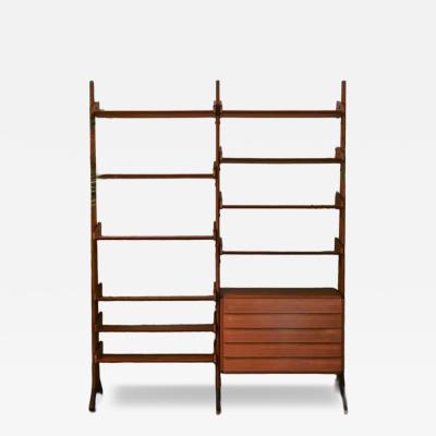 Large Teak Bookcase with Shelves Drawers and Brass feet Italy 1960