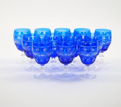 Large Val Saint Lambert Cobalt Blue Crystal Wine and Water Service For 12 People