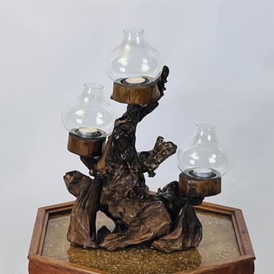 Large Varnished Driftwood and Hurricane Glass Candelabra