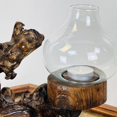 Large Varnished Driftwood and Hurricane Glass Candelabra