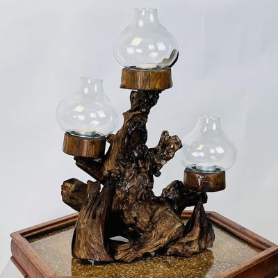 Large Varnished Driftwood and Hurricane Glass Candelabra
