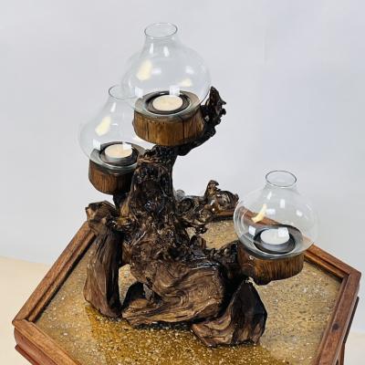 Large Varnished Driftwood and Hurricane Glass Candelabra
