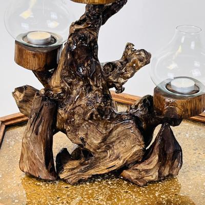 Large Varnished Driftwood and Hurricane Glass Candelabra
