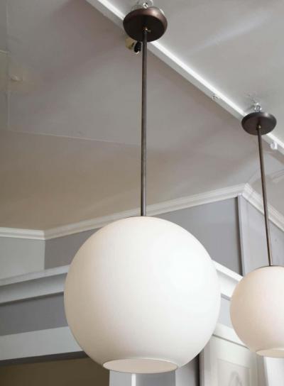 Large Vintage Milk Glass Globe Pendant with Antique Brass Canopy