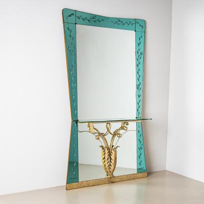 Large Wall Mirror with Console and Etched Decor Italy 1940s