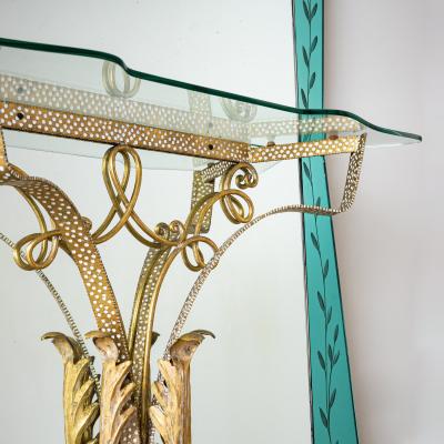 Large Wall Mirror with Console and Etched Decor Italy 1940s