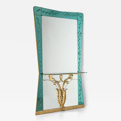 Large Wall Mirror with Console and Etched Decor Italy 1940s