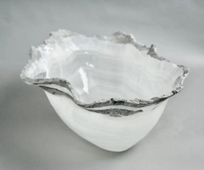 Large White Onyx Centerpiece Bowl with Gray Raw Edge