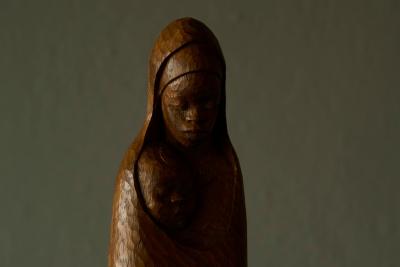 Large Woman and Child Sculpture in Hand Carved Wood Europe Mid 20th Century