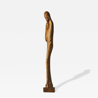 Large Woman and Child Sculpture in Hand Carved Wood Europe Mid 20th Century