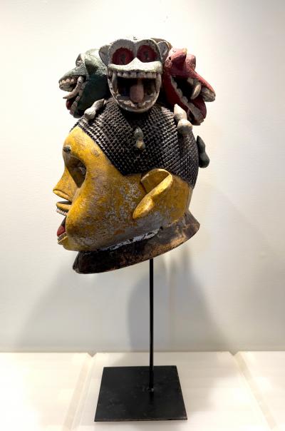 Large Wood Sculpture Yoruba G l d Helmet Mask on Display Stand