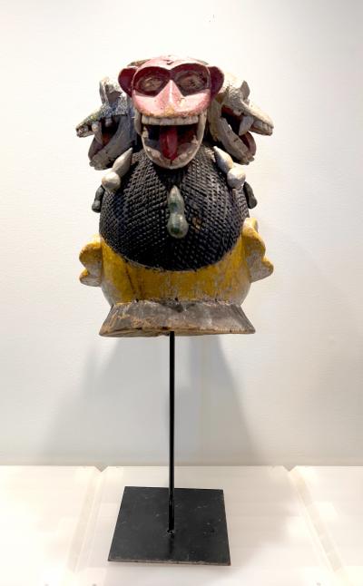 Large Wood Sculpture Yoruba G l d Helmet Mask on Display Stand