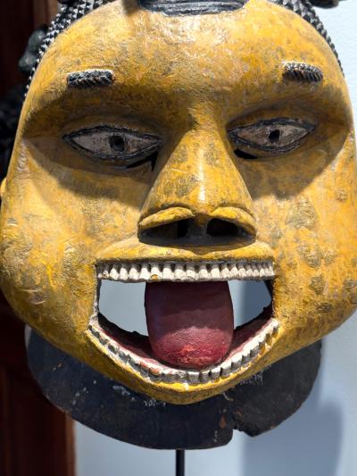 Large Wood Sculpture Yoruba G l d Helmet Mask on Display Stand