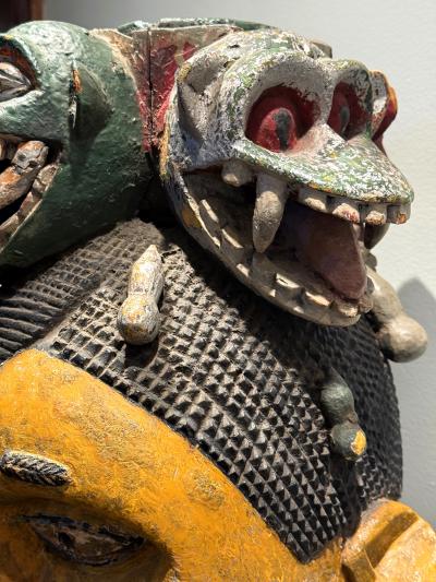 Large Wood Sculpture Yoruba G l d Helmet Mask on Display Stand