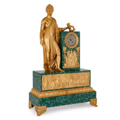 Large and very fine French Empire period ormolu and malachite mantel clock
