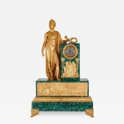 Large and very fine French Empire period ormolu and malachite mantel clock