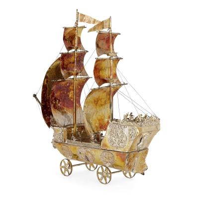 Large antique nef model in repouss silvered metal